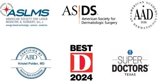 Dr. Kristel Polder credentials and awards: ASLMS - American Society for Laser Medicine & Surgery; ASDS - American Society for Dermatologic Surgery; AAD - American Academy of Dermatology; ABD - American Board of Dermatology; D Magazine “Best Doctor in Dallas”; Super Doctors Texas.